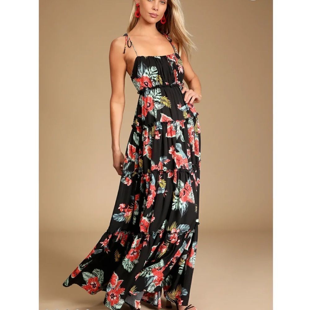 NWT Lulus Call of the Tropics Black Floral Tie-Strap Tiered Maxi Dress
